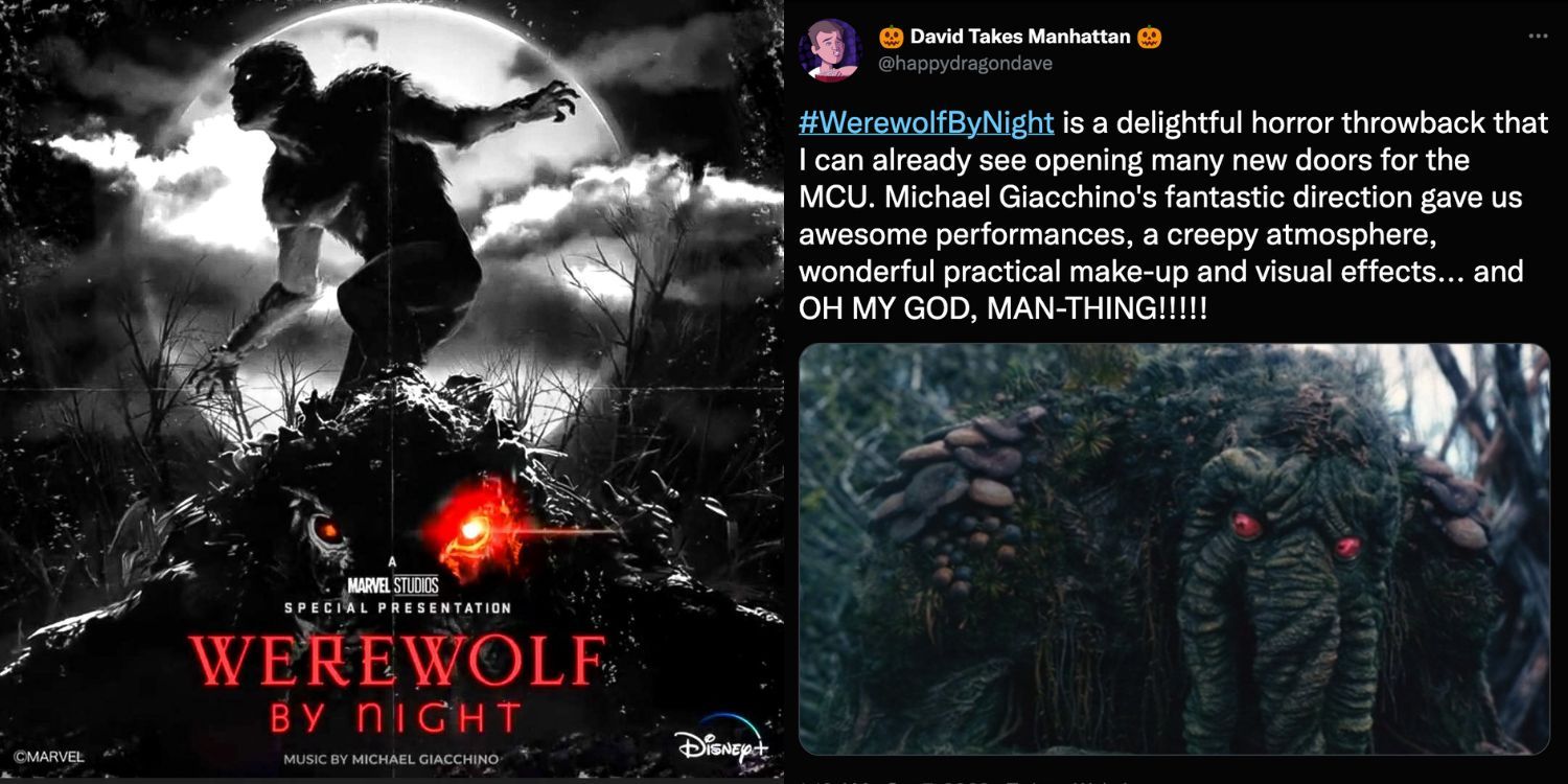 Split image of the Werewolf By Night poster and a tweet about it