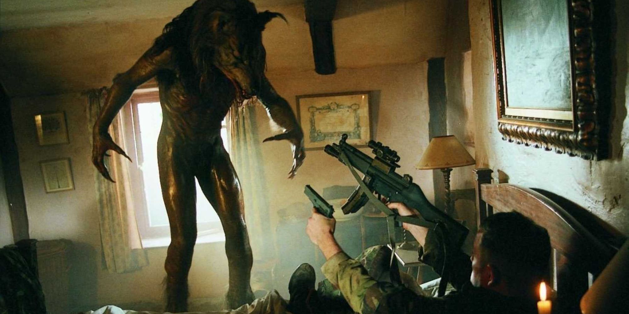 Werewolf standing over a soldier in Dog Soldiers (2002)