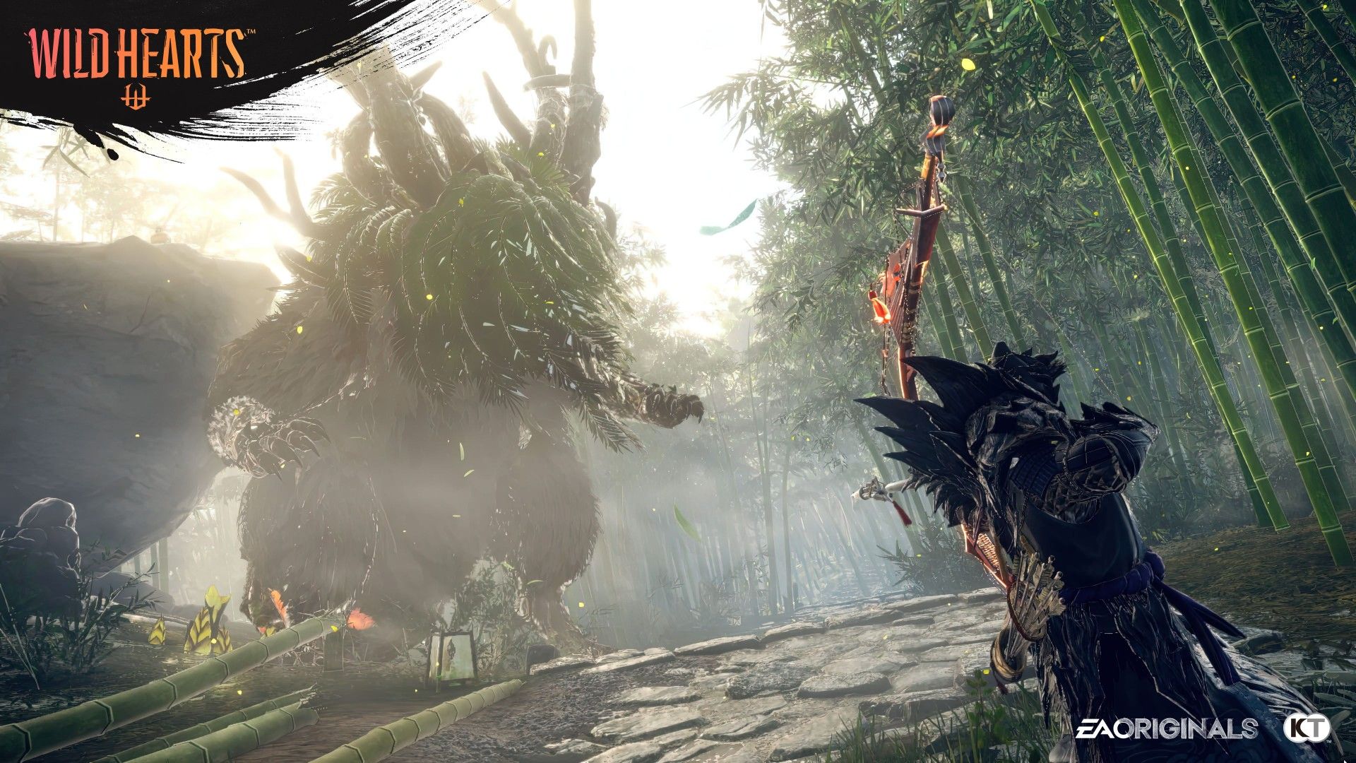 Wild Hearts' Sapscourge monster charging at a player holding a bow and arrow.