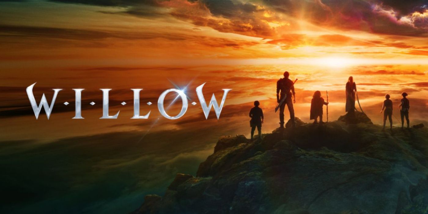 Arte promocional de Willow, do Disney+, apresentando o elenco principal com vista para o pôr do sol.
