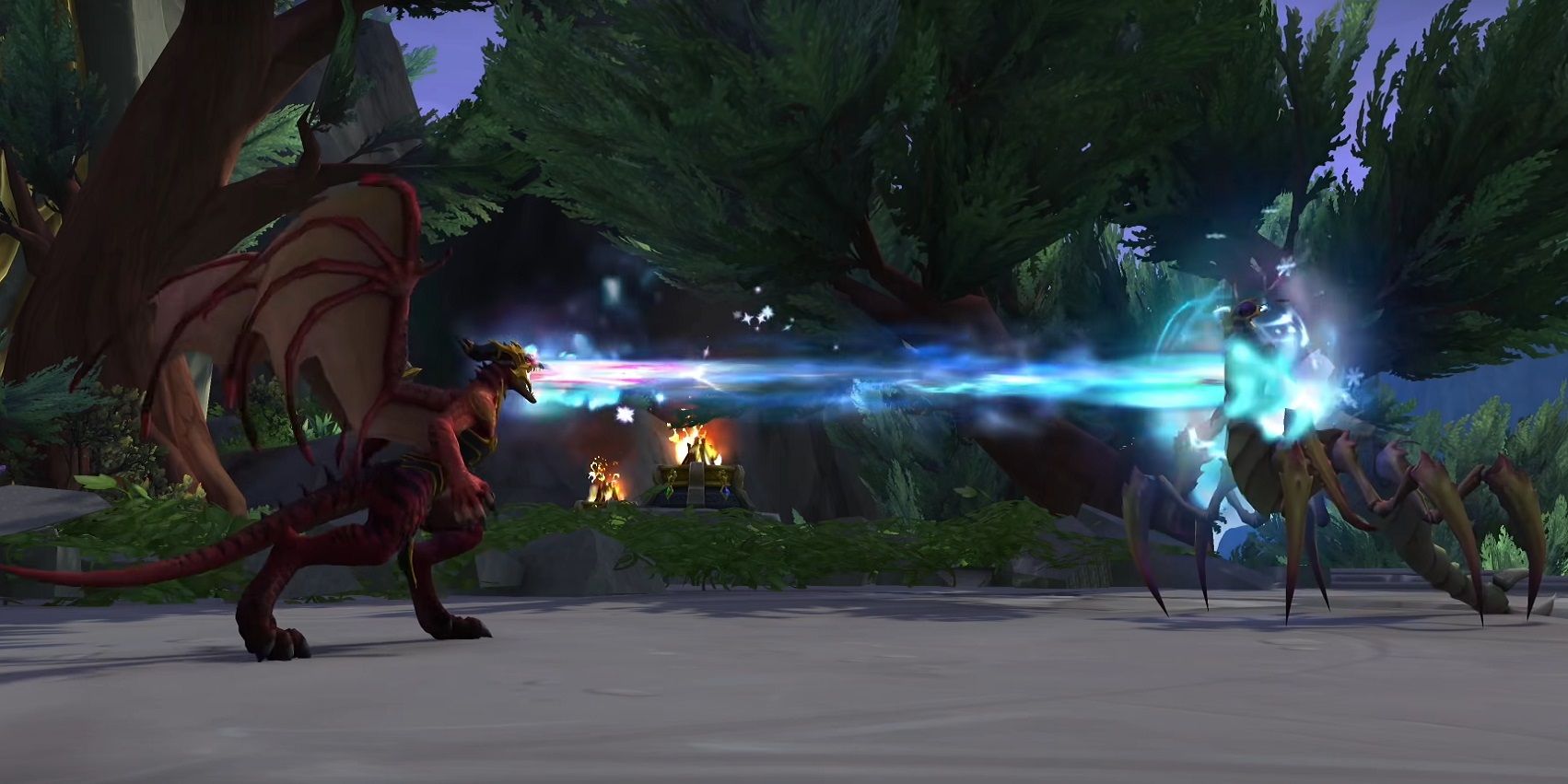 A Dracthyr Evoker attacking an enemy in World of Warcraft.