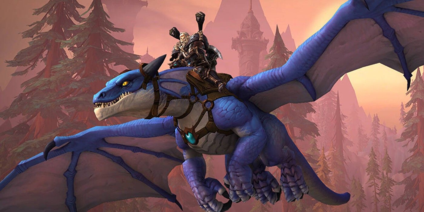 A World of Warcraft player flying a dragon in the Dragonflight expansion