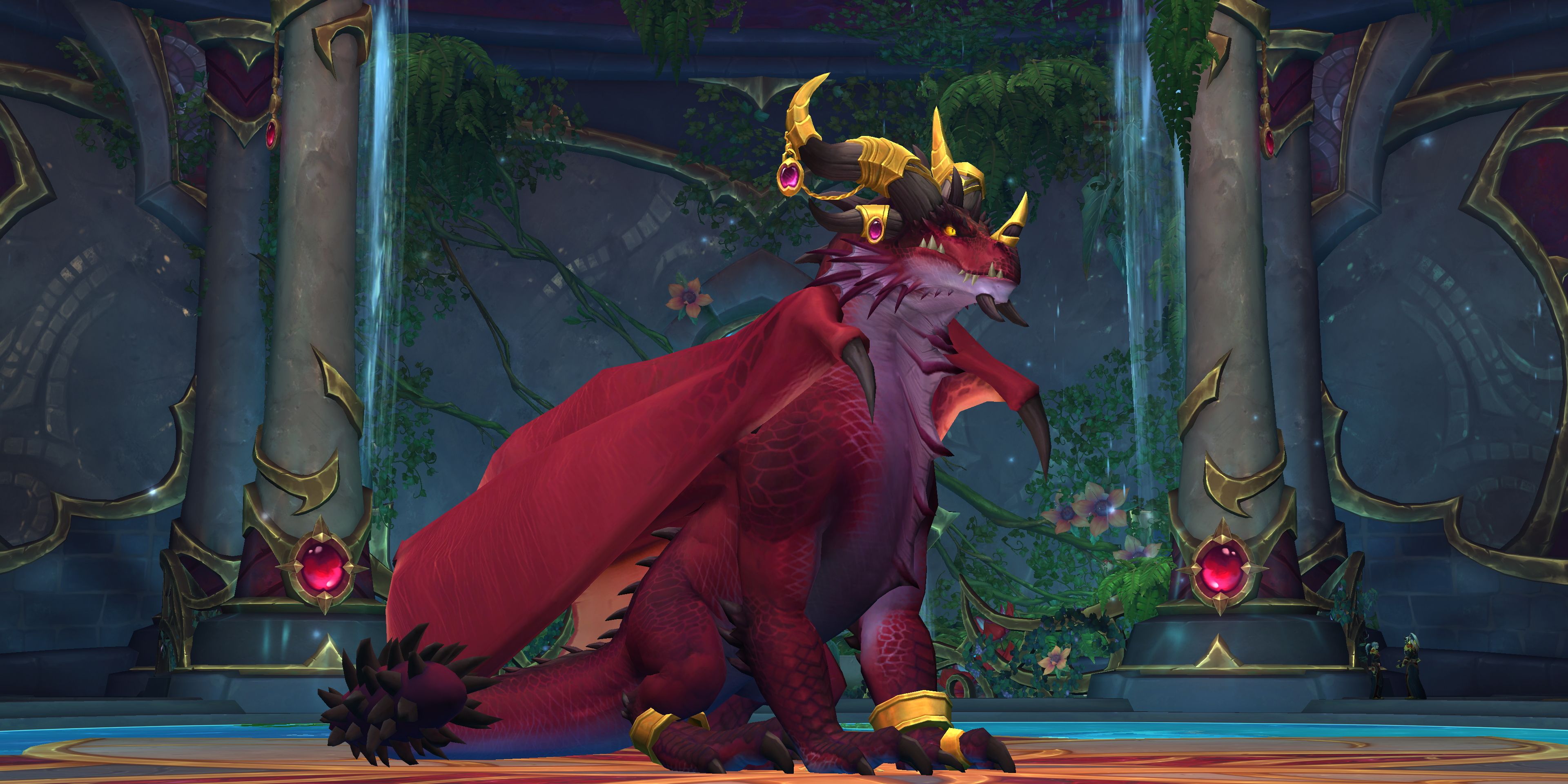 An image of World of Warcraft's Alexstrasza in her dragon form, a beautiful red dragon with jeweled gold and black horns and bracers