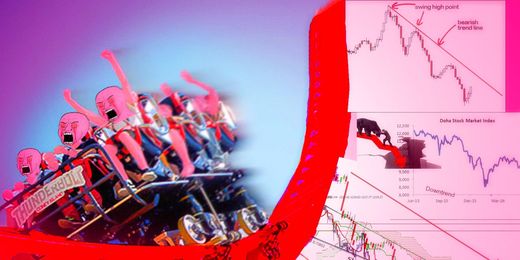 Pink Wojak memes riding a rollercoaster, with bearish price charts in background