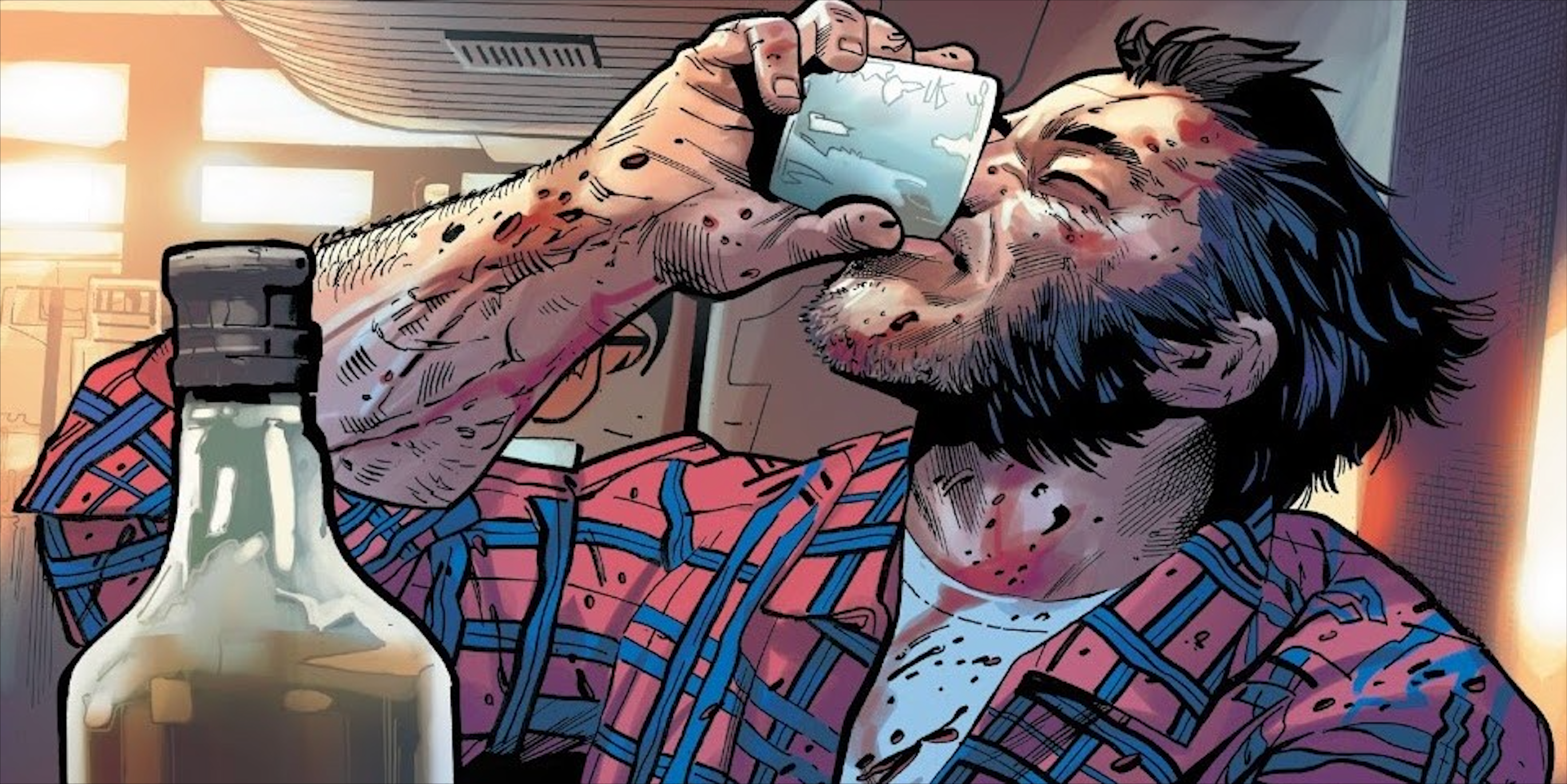 Wolverine drinks at a bar