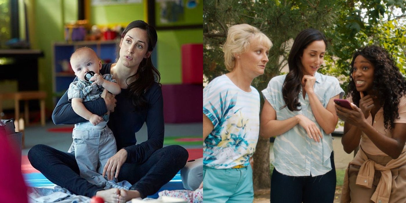 Split image of Kate on a play mat with her baby and Val, Kate and the moms in Workin' Moms