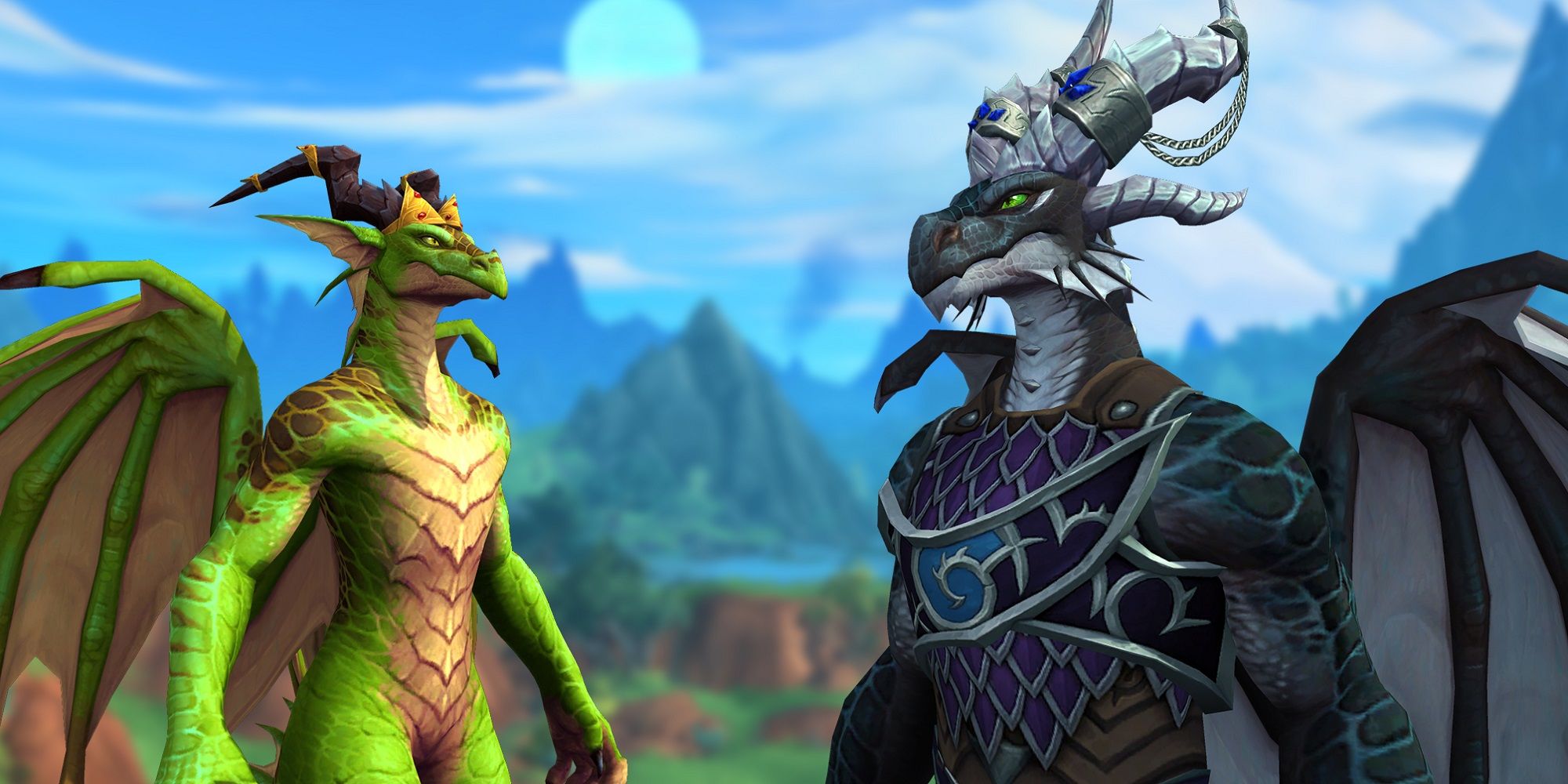 Two Dracthyr characters in WoW, the new race of the Dragonflight expansion.