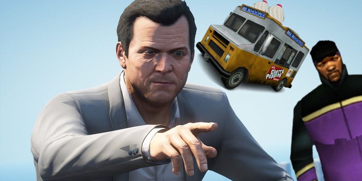 GTA 5's Michael pointing while an ice cream truck and character from GTA 3 lurk in the background.