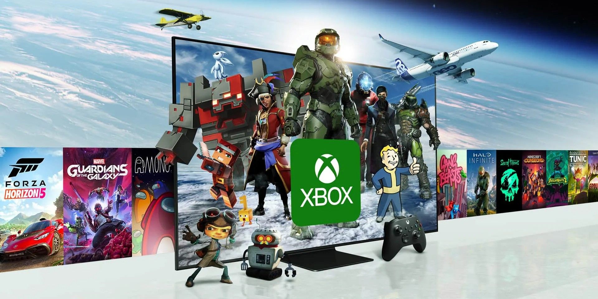 A television showing the Xbox logo, Xbox Game Pass games, and famous characters like Master Chief emerging from the screen..