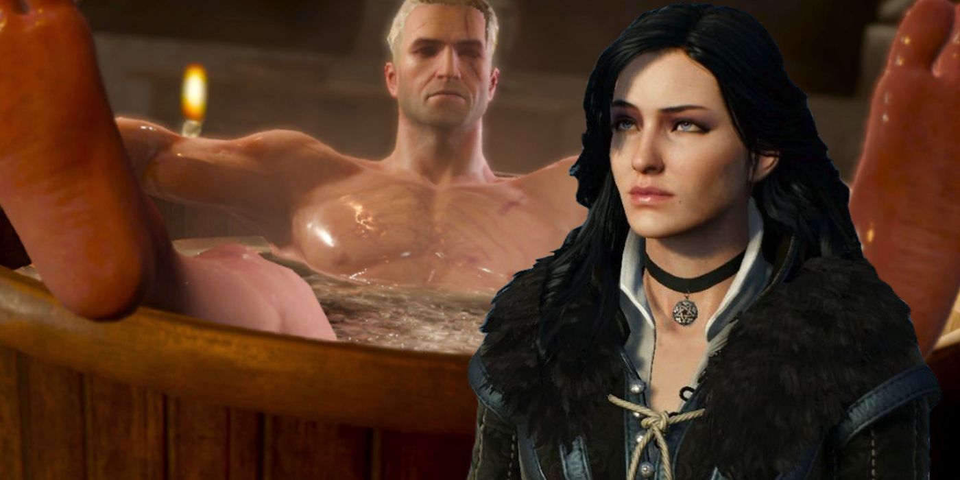 Image of Geralt in a bath from the Witcher 3. A cutout of Yennefer with her eyebrow raised in disapproval is placed on the right.