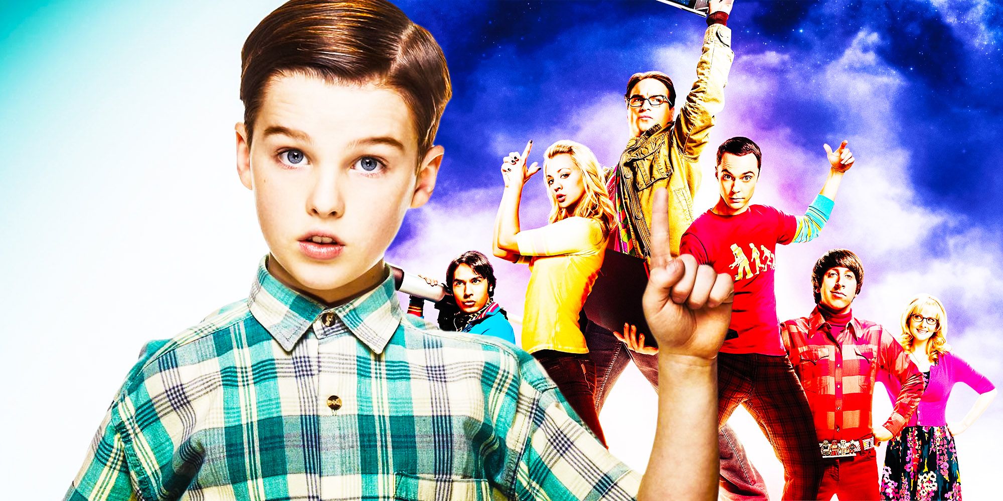 Young Sheldon in front of a promotional photo for The Big Bang Theory.