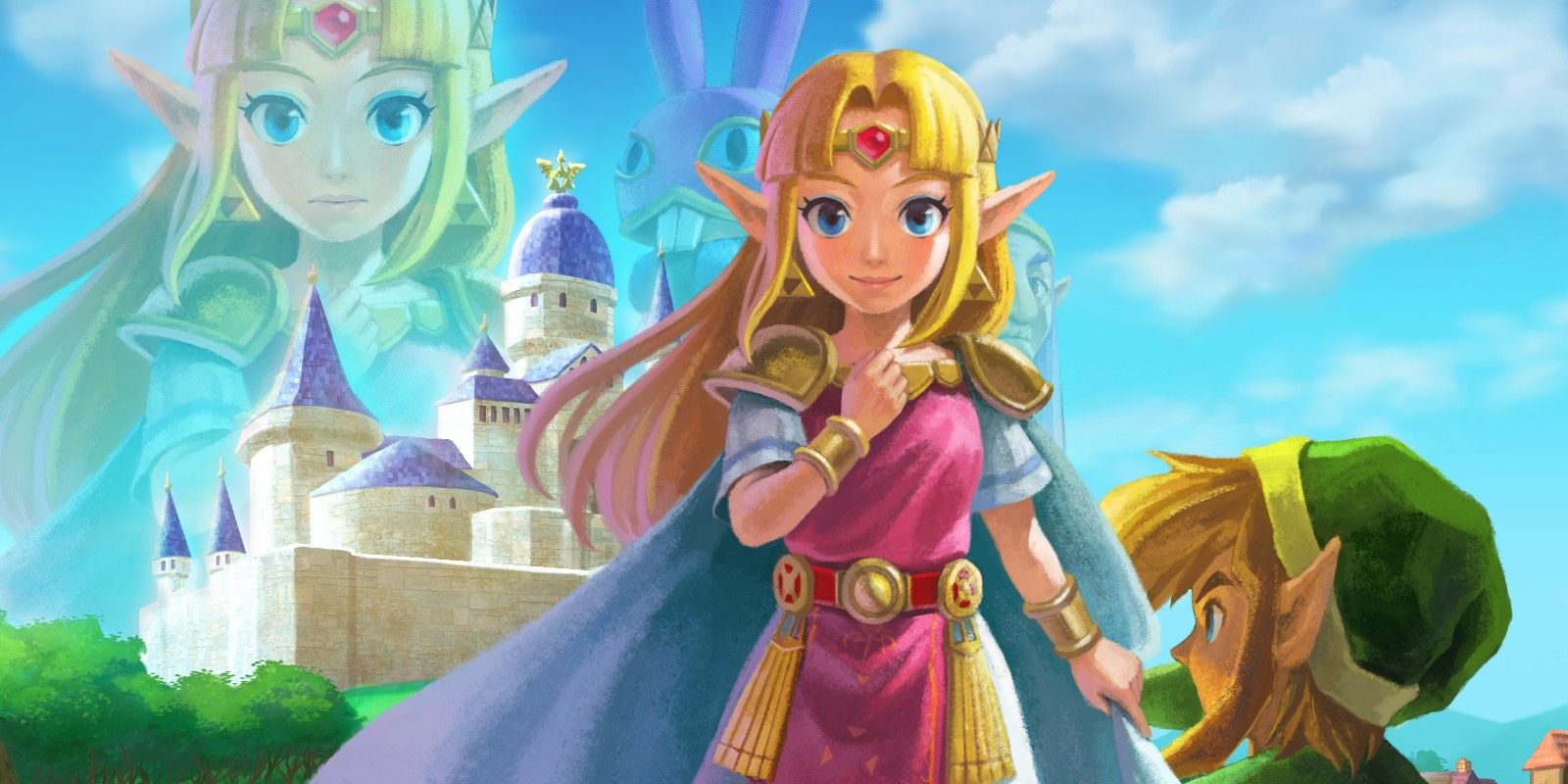 Key art of Princess Zelda from The Legend Of Zelda: A Link Between Worlds, on a background of concept art for the game.