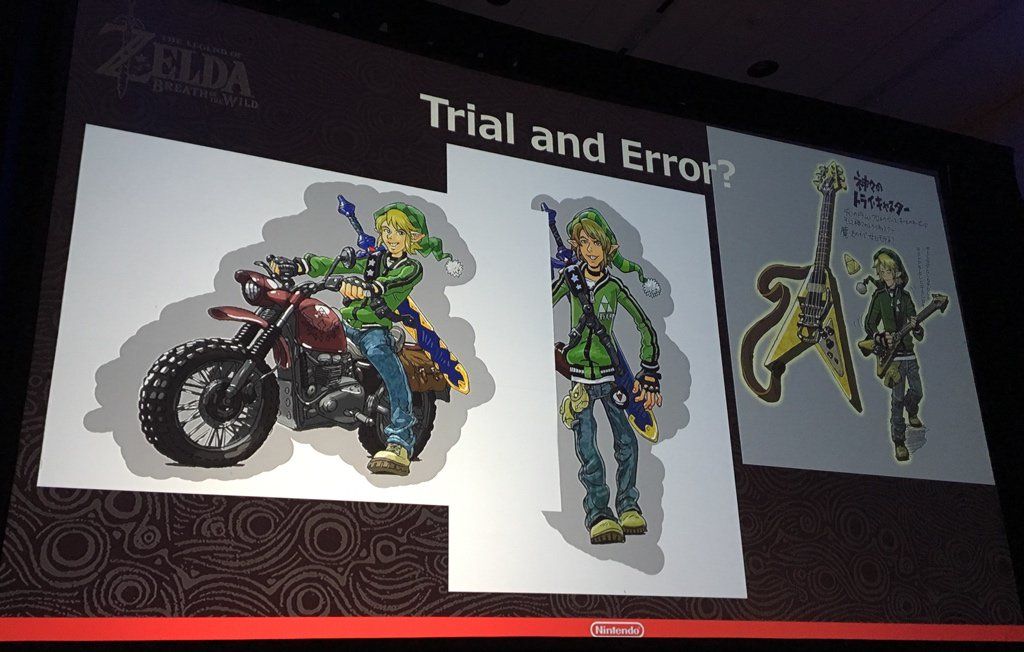 Arte conceitual inicial de The Legend of Zelda: Breath of the Wild, mostrando Link em uma motocicleta e tocando guitarra.