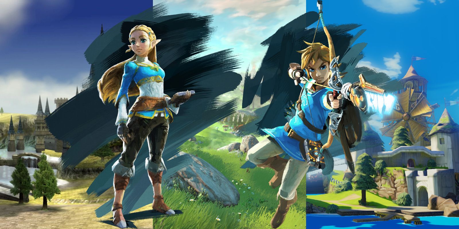Artwork of Zelda and Link in front of screenshots from Breath of the Wild, Twilight Princess, and The Wind Waker.