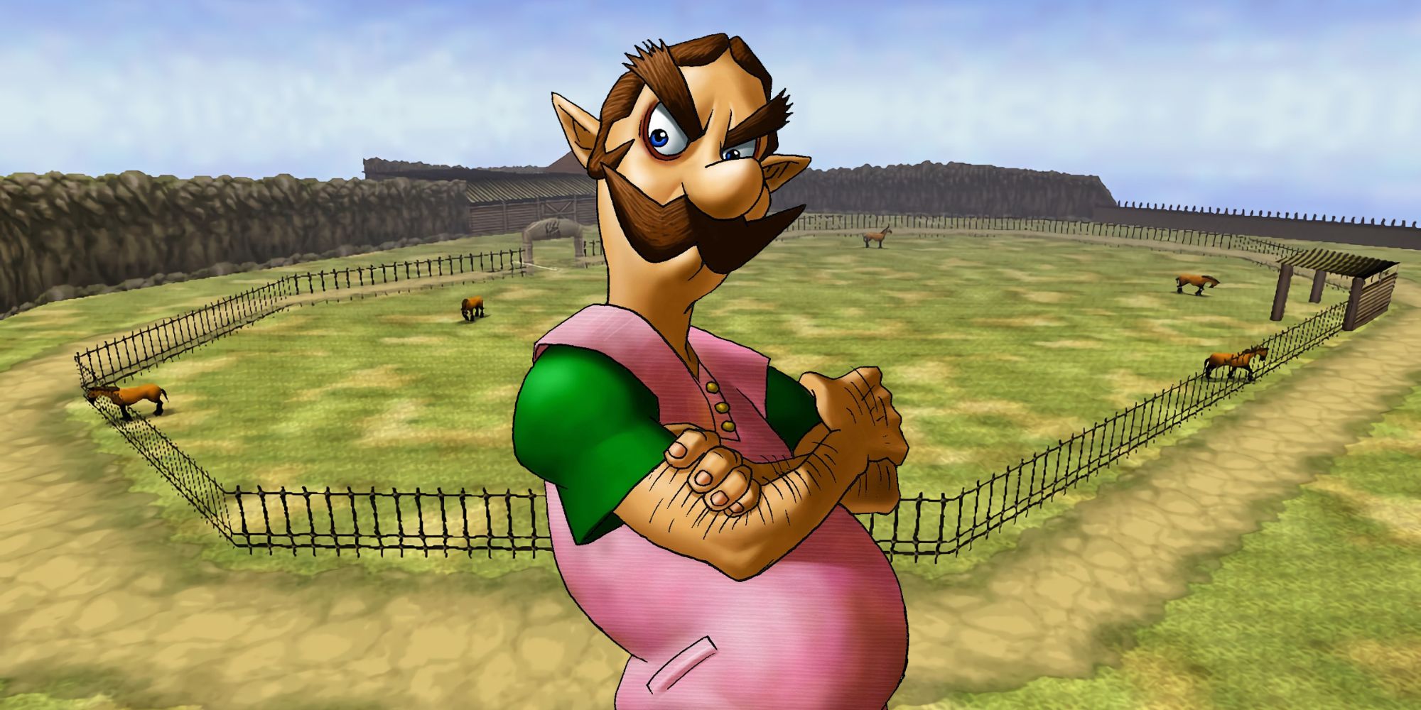 Official artwork of Ingo in front of a background showing Lon Lon Ranch in Ocarina of Time.