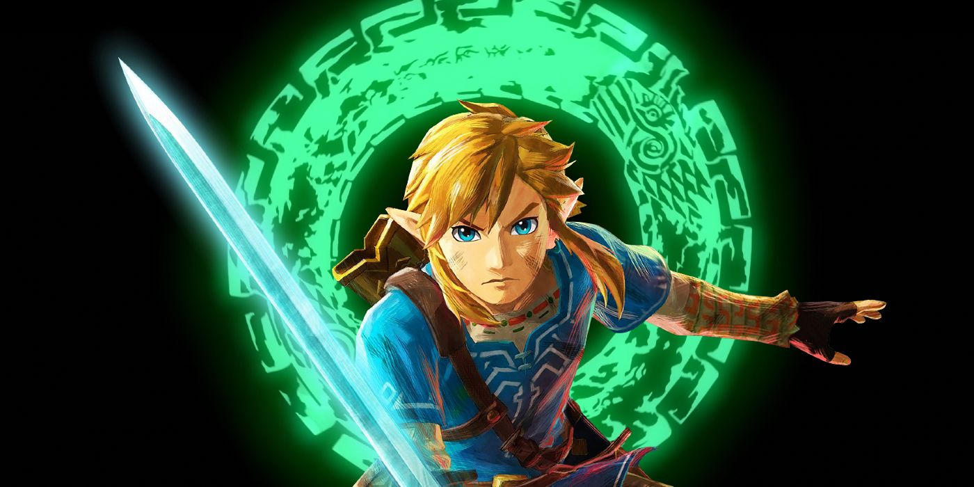 Link in his Breath of the Wild Champion's Tunic in front of the ouroboros symbol used for Tears of the Kingdom.