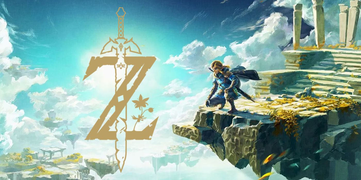 Key art for The Legend of Zelda: Tears of the Kingdom with one of the game's logos, showing a decaying Master Sword through the series' Z icon.