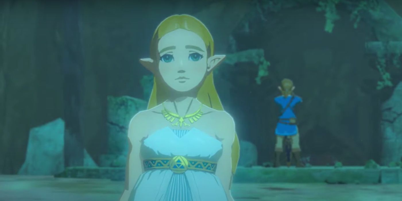Zelda tentando despertar seus poderes em uma fonte em Breath of the Wild, com Link montando guarda atrás dela.