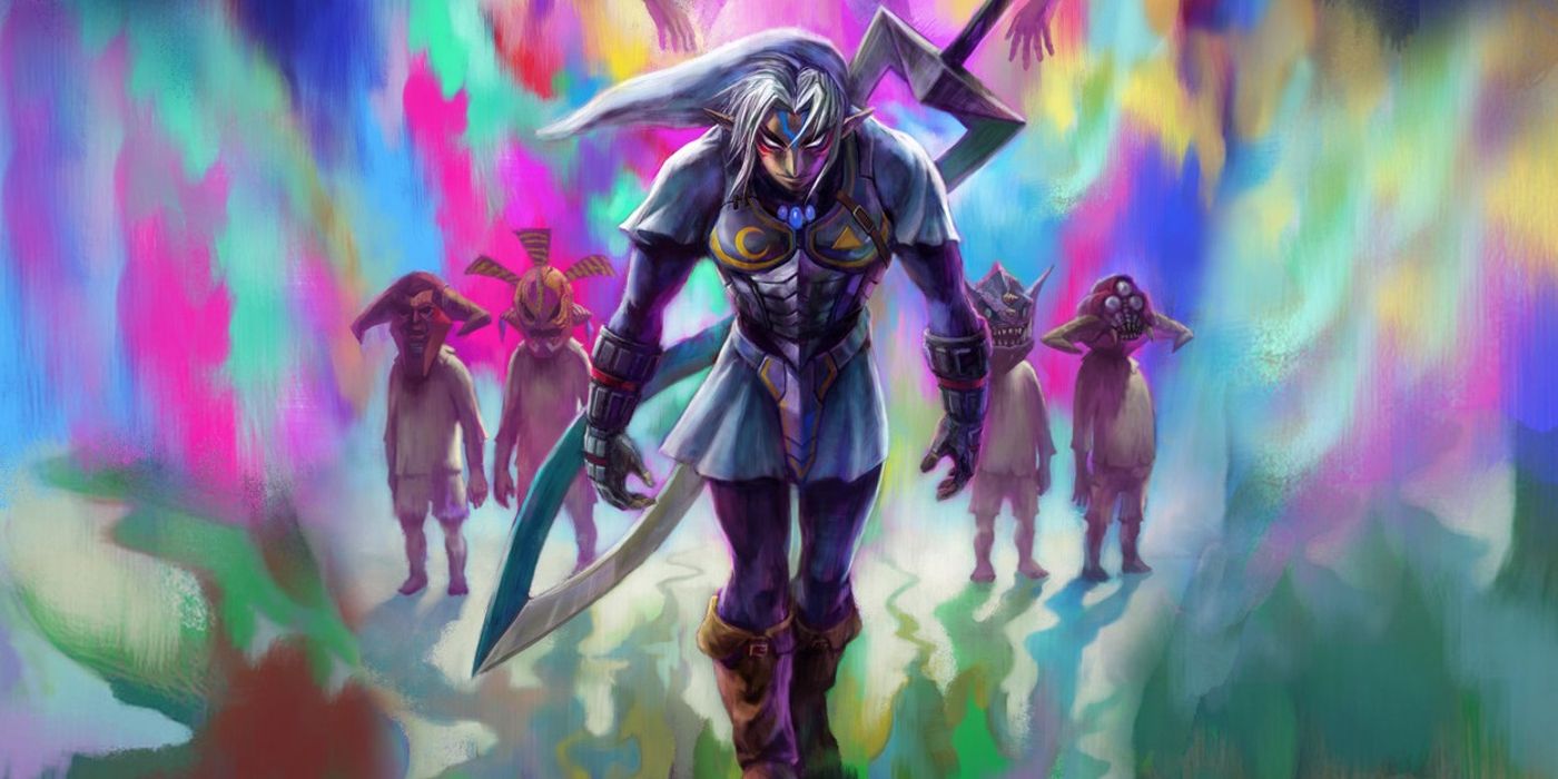 Official artwork of Fierce Deity Link from Majora's Mask. striding towards the camer with four creatures stood behind him on a multicolor backdrop