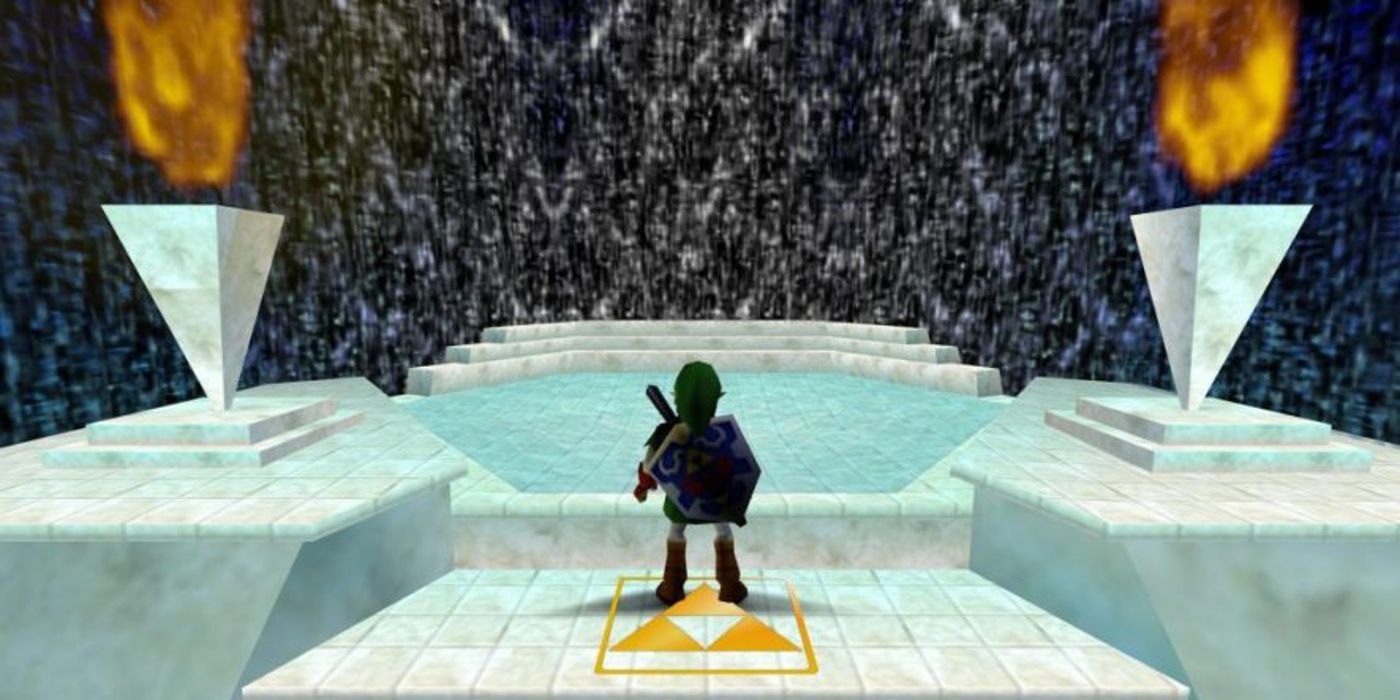 An image of Link stood in front of a Fairy Fountain from The Legend of Zelda: Ocarina of Time.