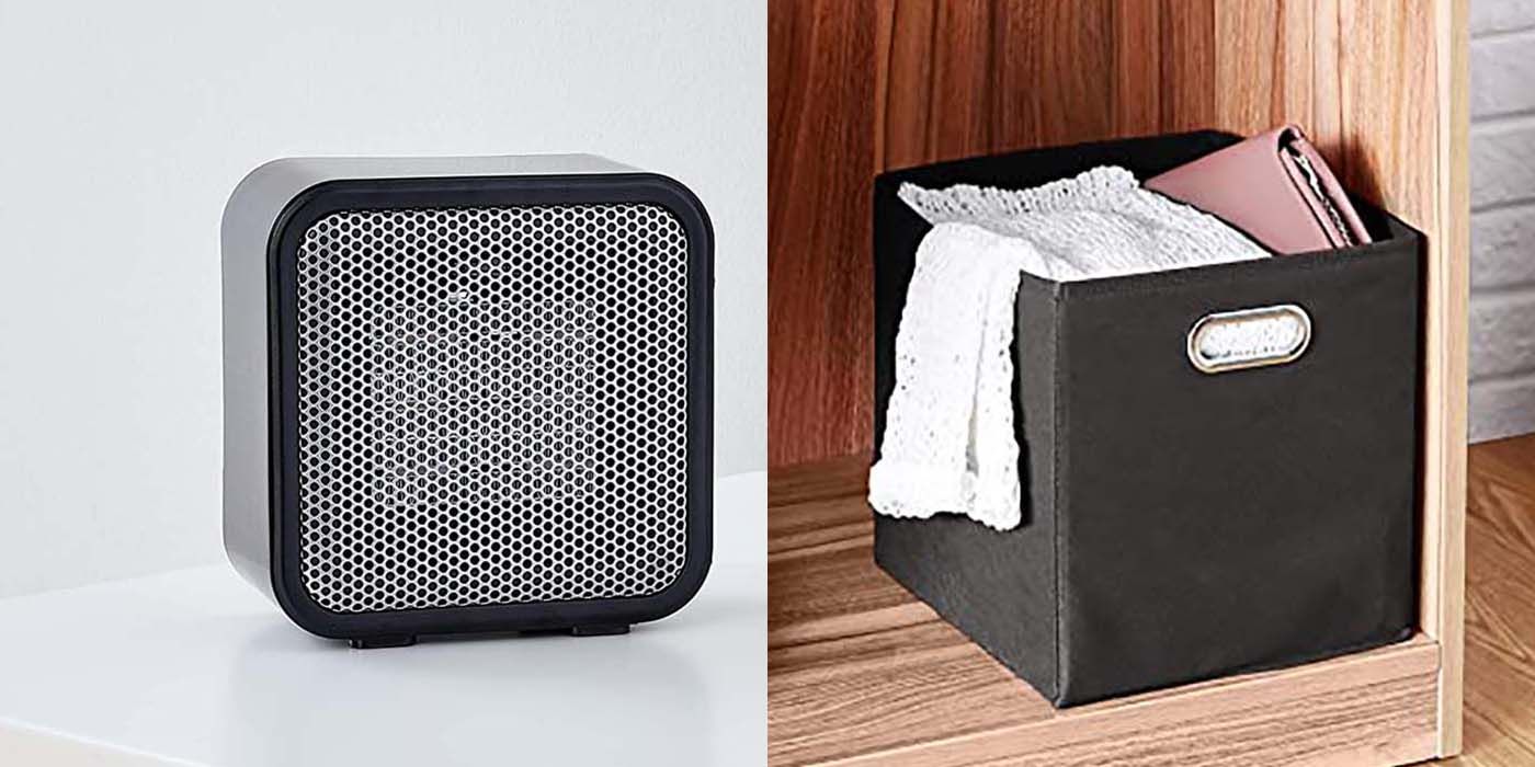 Split image of Amazon Basics personal space heater and collapsible fabric storage cubes