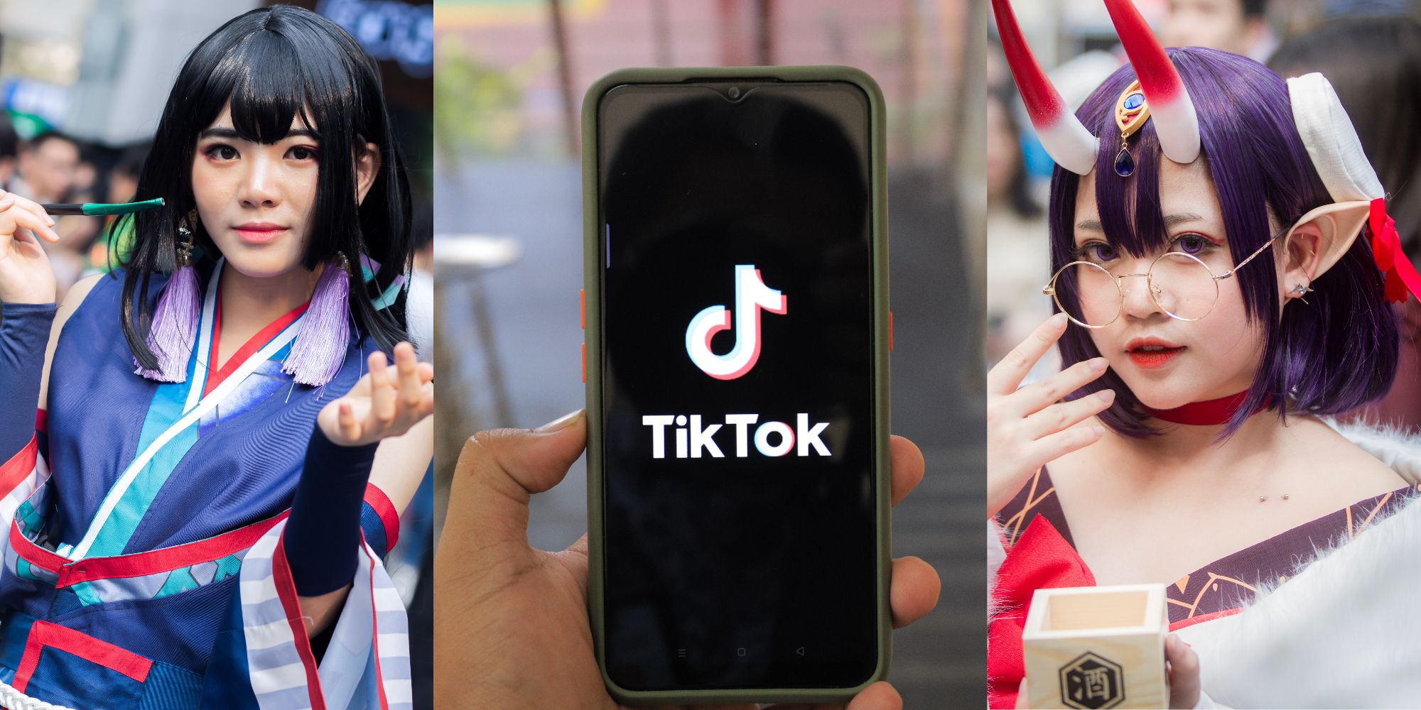 A phone with the TikTok logo is shown between two girls in intricate, colorful cosplay. 