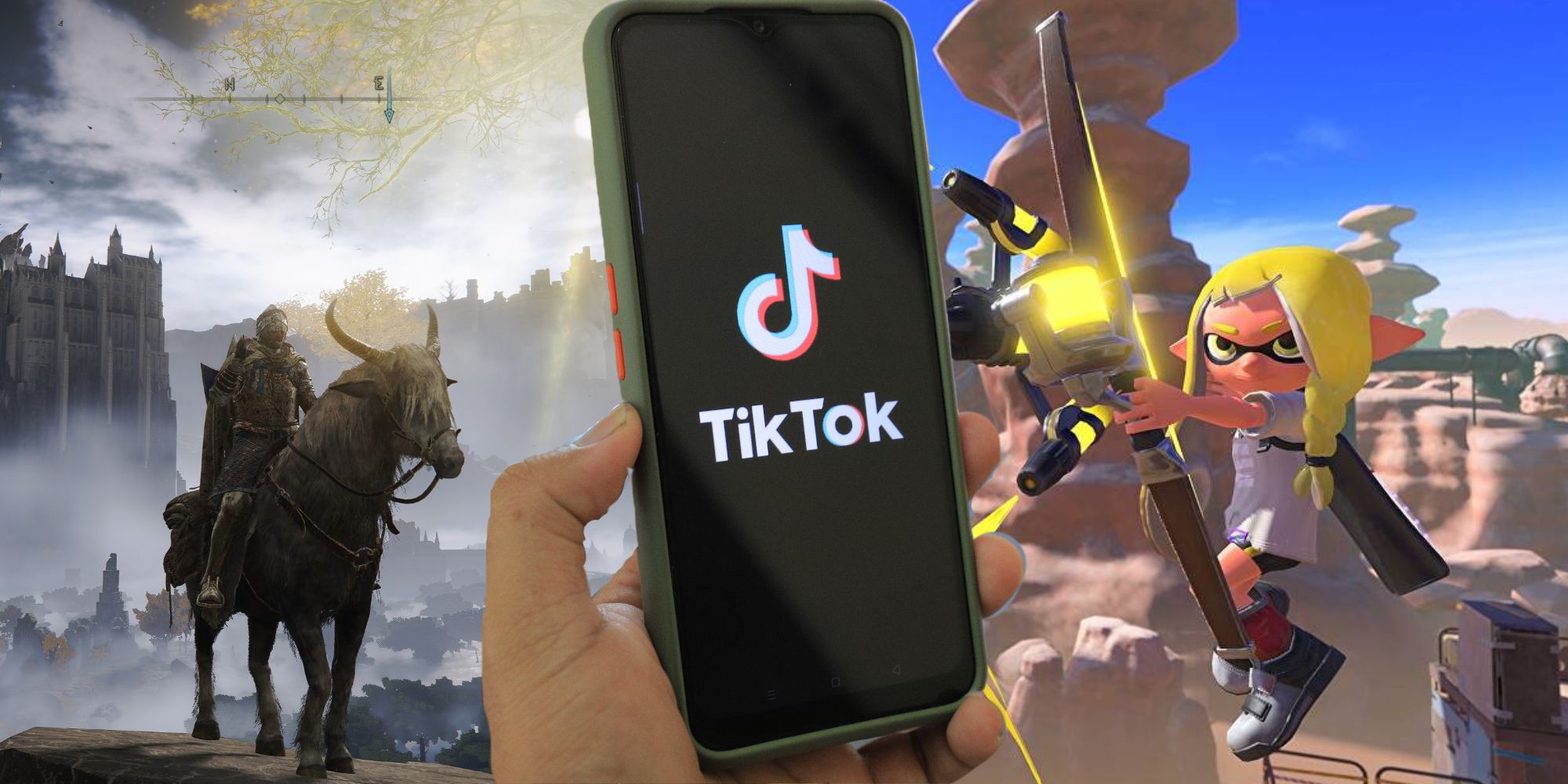 A phone with the TikTok logo is displayed beside in game images of Splatoon 3 and Elden Ring.