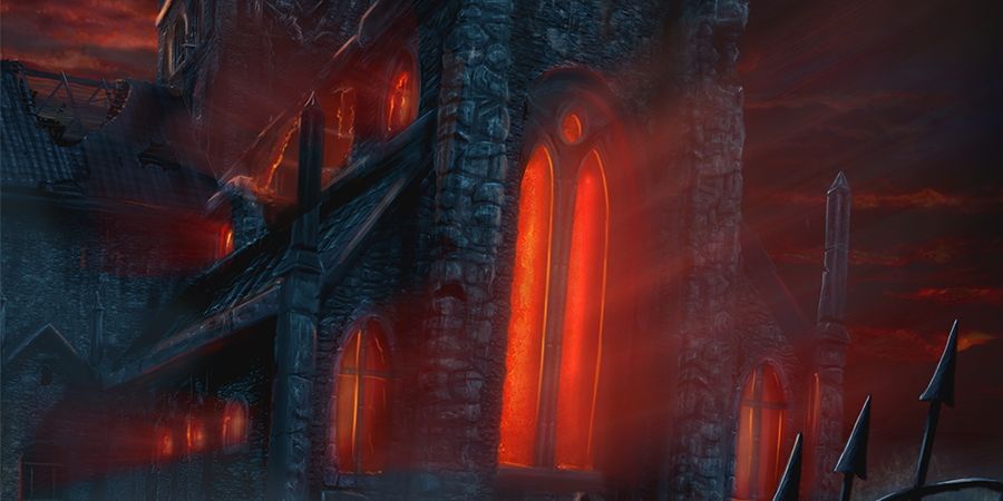 An image from the cover of The Horror of Ashwood Crypt. Showing an abandoned church with glowing red lights coming from the windows