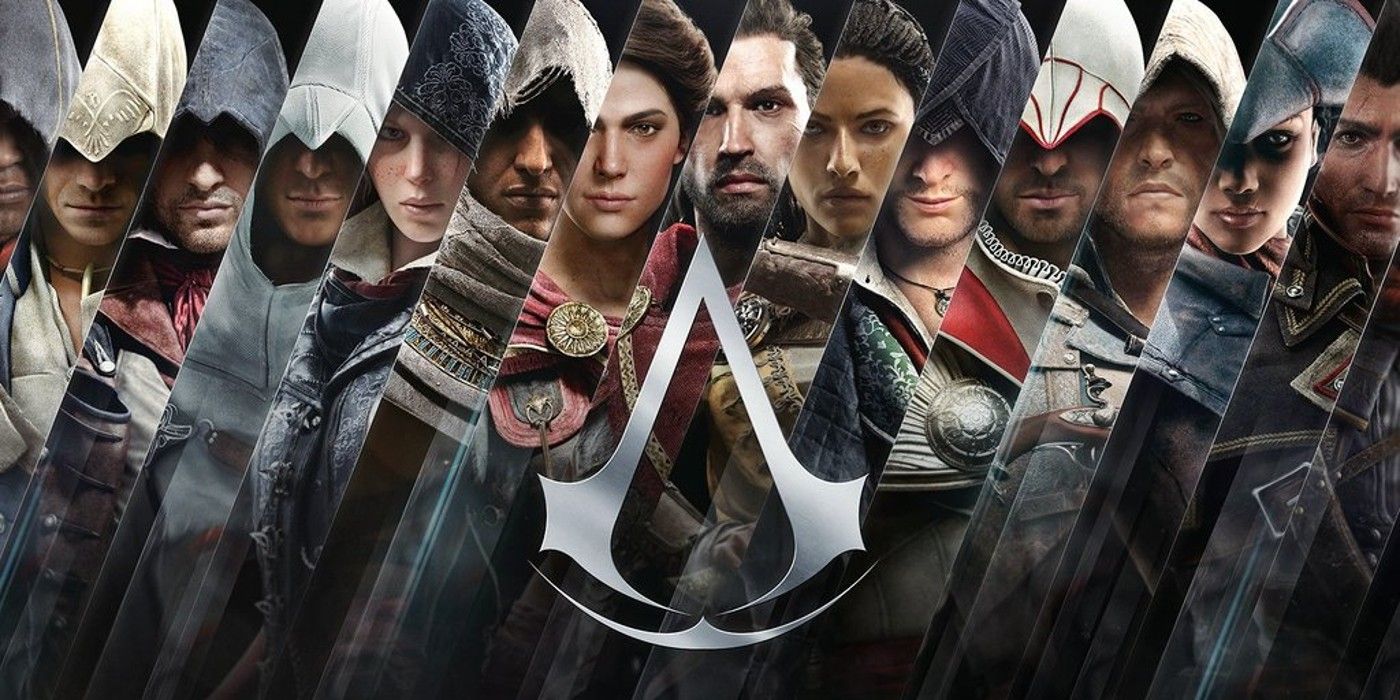 Portraits of 14 different Assassin's Creed protagonists, spliced together behind the series' logo.