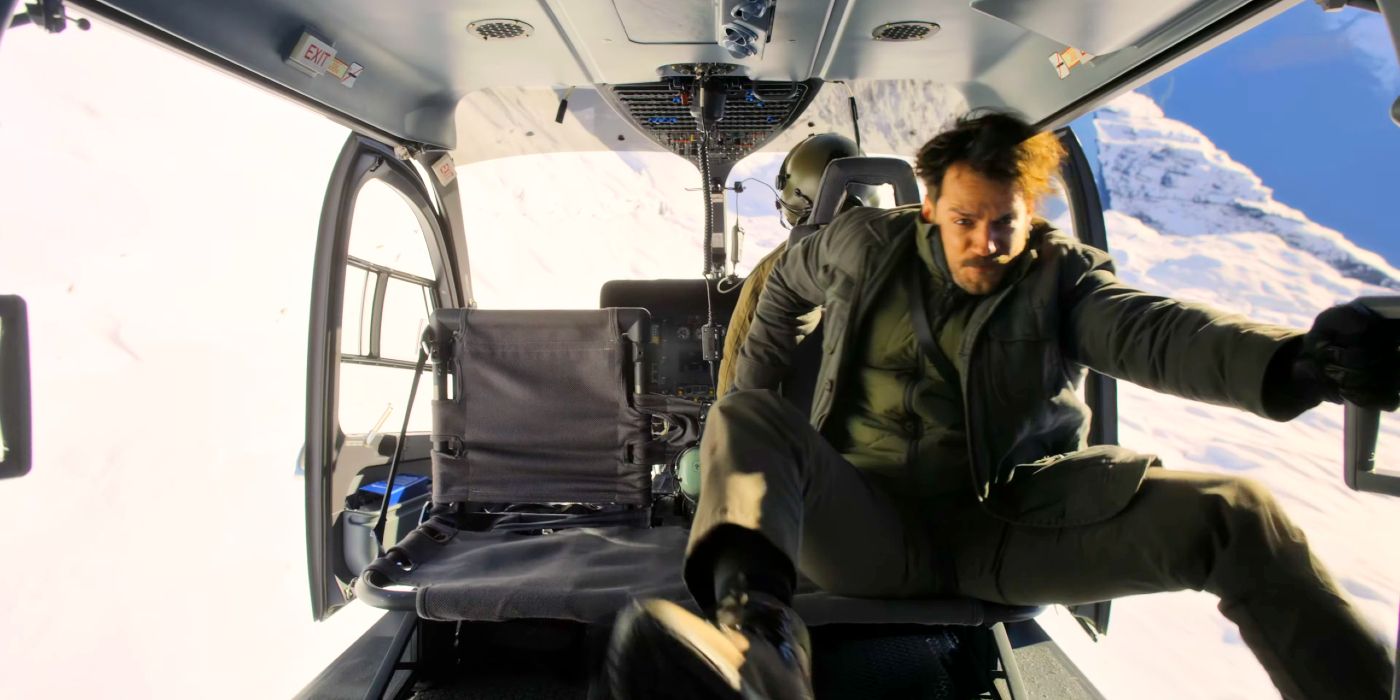 August Walker (Henry Cavill) in a helicopter in Mission: Impossible - Fallout
