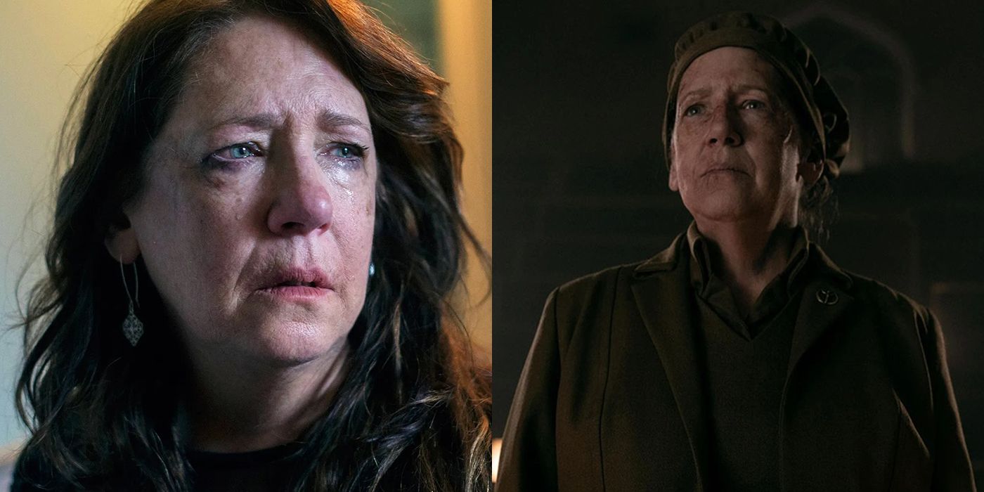 Split image of Aunt Lydia pre and post Gilead from The Handmaid's Tale