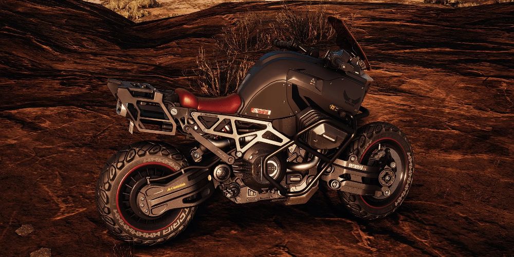 A black off-road Brennan Apollo bike in the Badlands of Cyberpunk 2077.