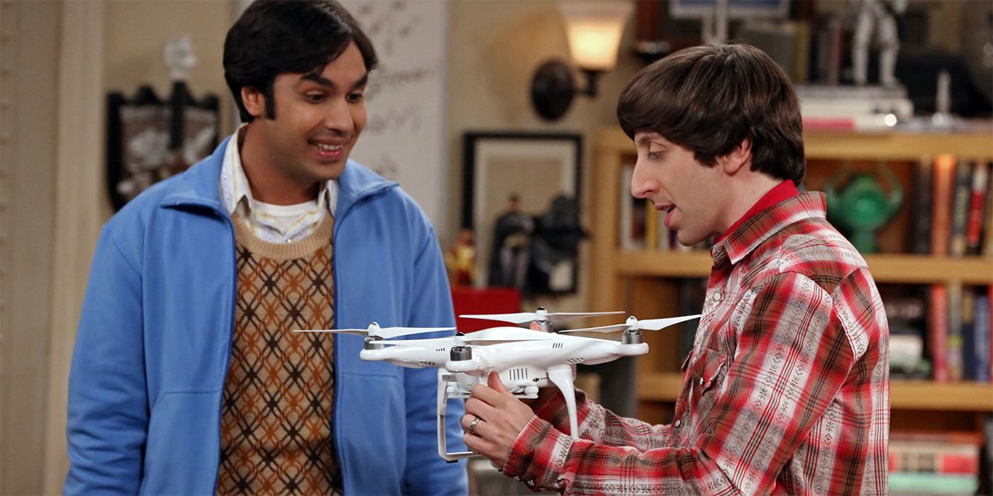 Howard and Raj inspecting a drone in The Big Bang Theory