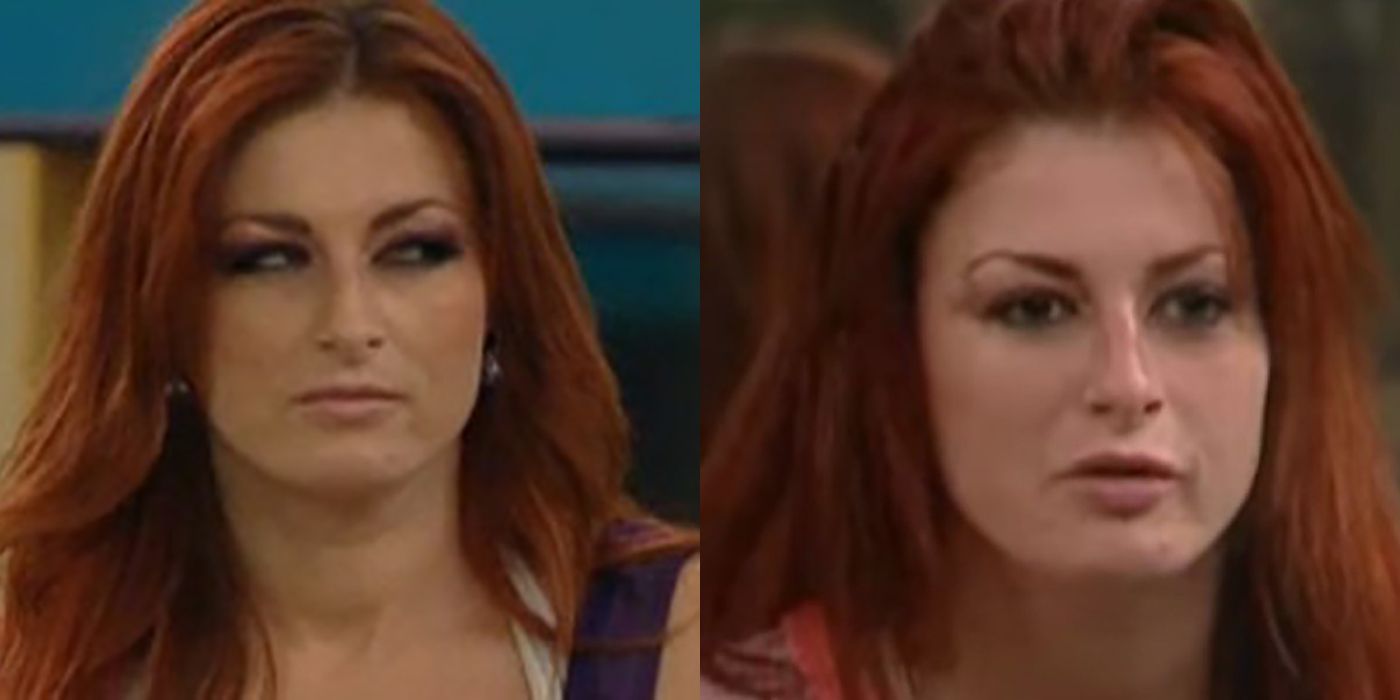 Split image of Rachel from Big Brother giving side eyes on the left and looking stoic on the right.