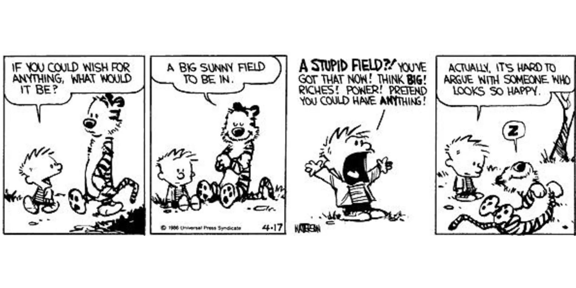 calvin and hobbes happy in a field
