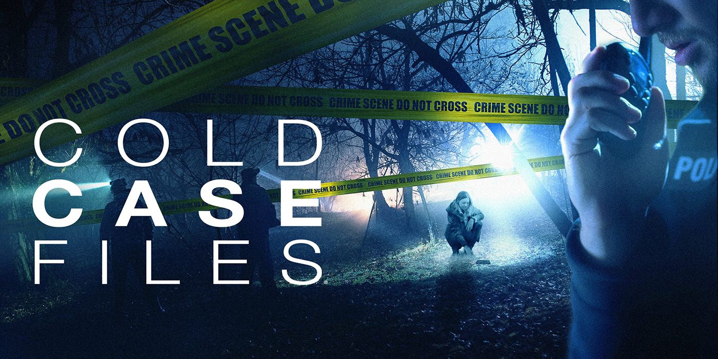 A title card from Cold Case Files, showing a woman in the forest with caution tape