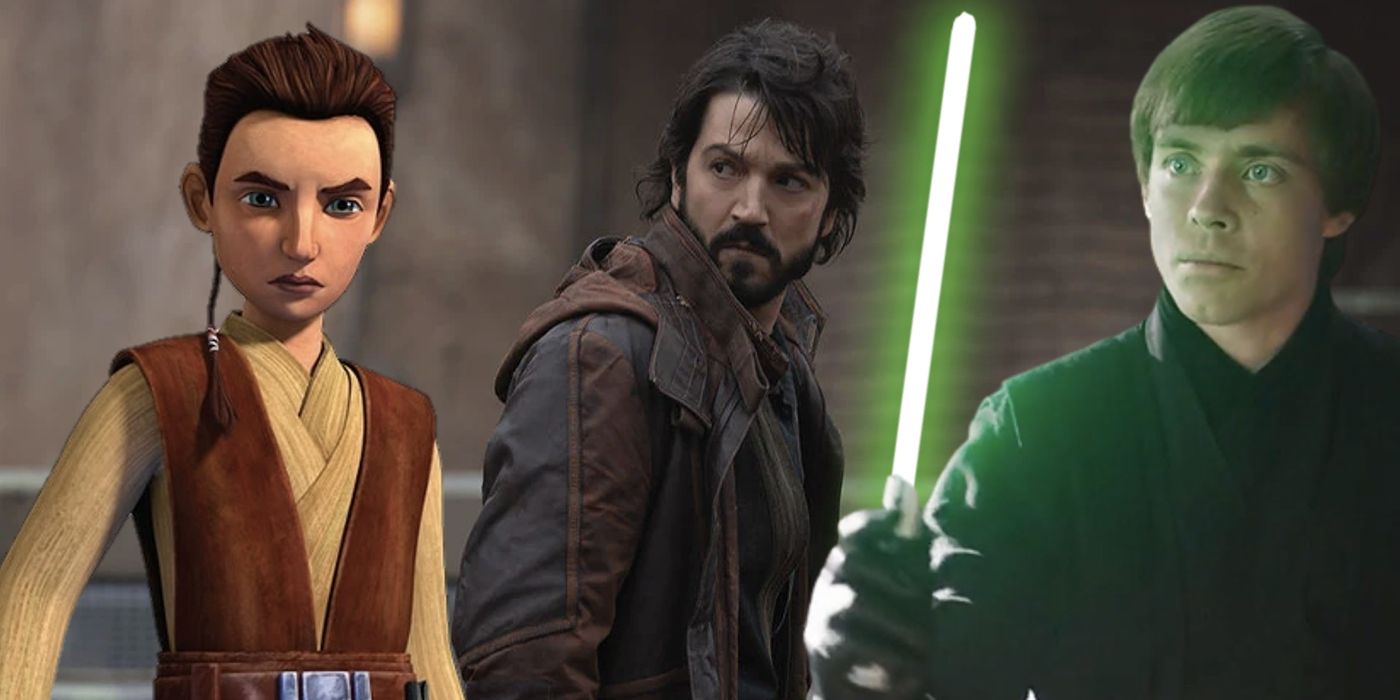 L-R: Caleb Dume (Kanan Jarrus), Cassian Andor and Luke Skywalker holding Yoda's lightsaber