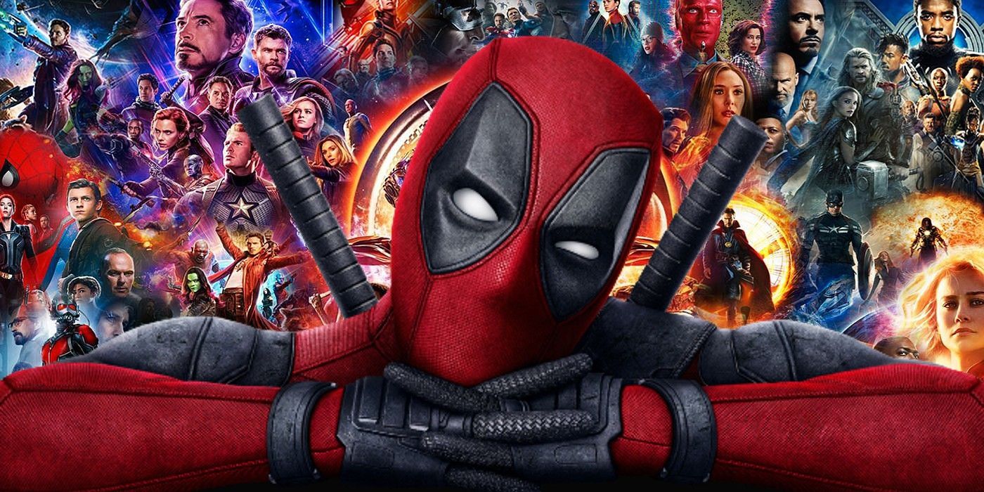 Deadpool poses in front of posters for various MCU films and series from Phase 2 and Phase 3