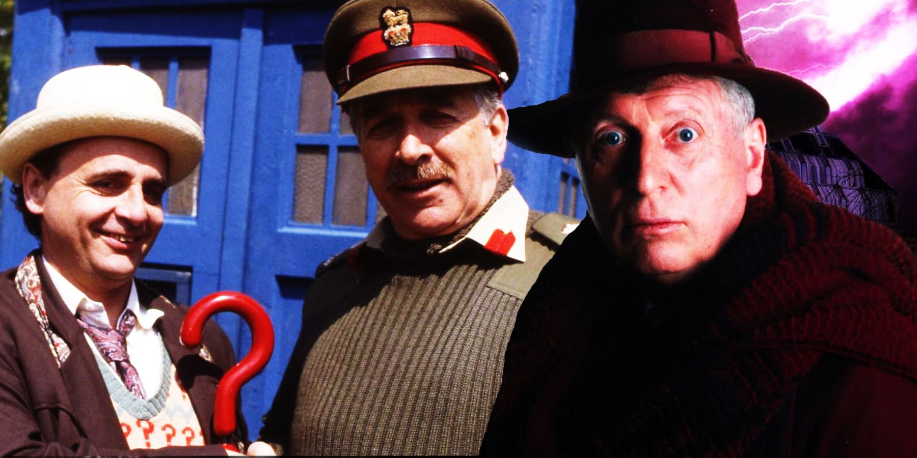 Sylvester McCoy, Nicholas Courtney and Tom Baker in Doctor Who