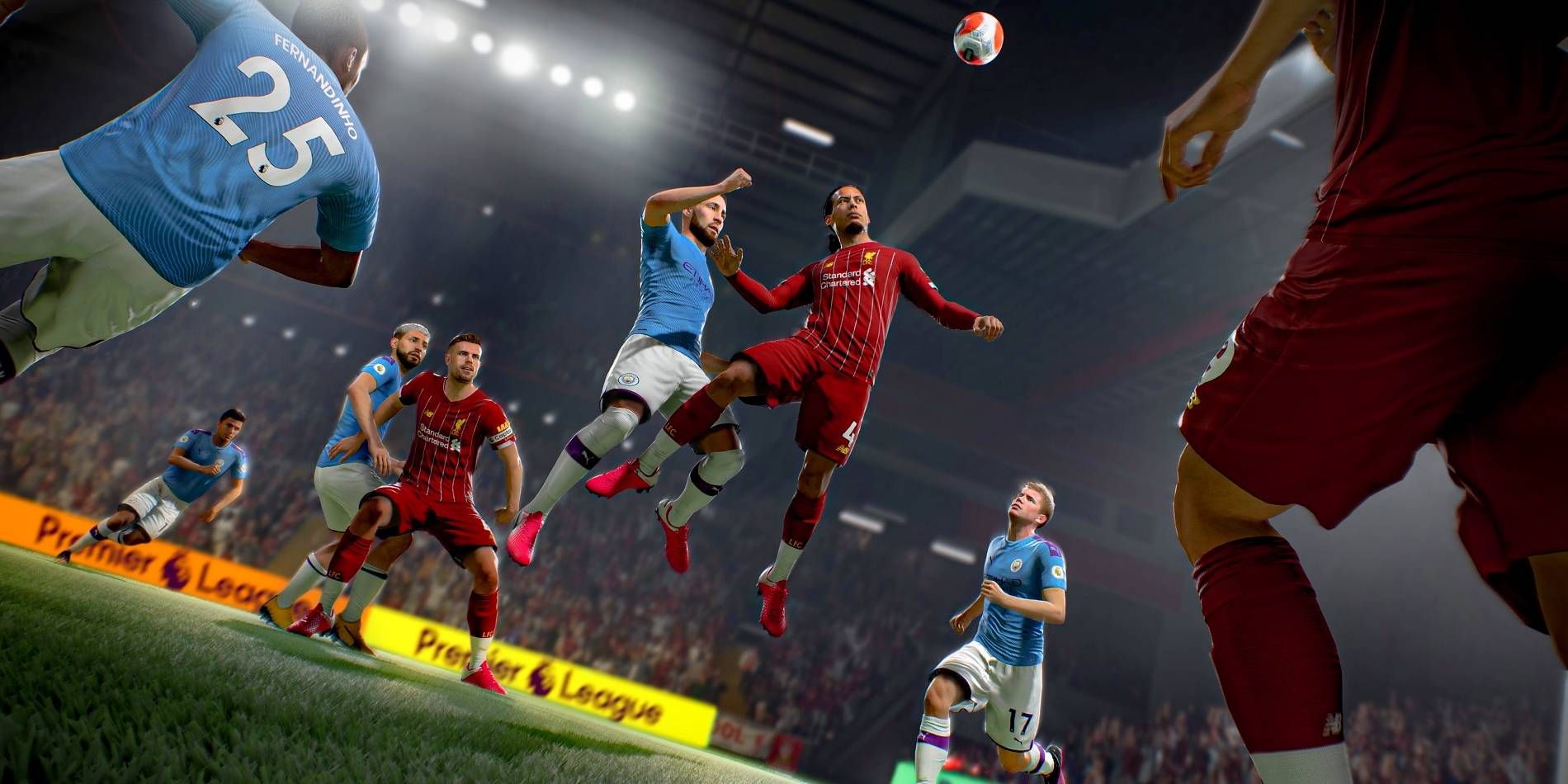 FIFA 21 Athlete in Red Uniform Jumping Up to Perform Shot on Goal Using Manual Header Against Player in Blue Uniform