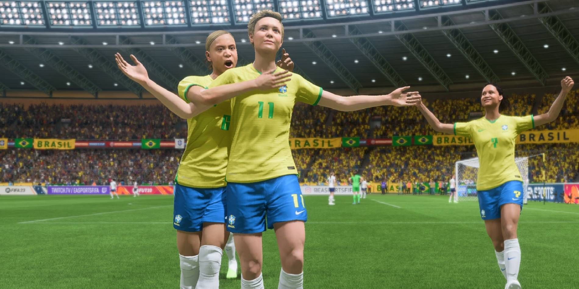 FIFA 23 Women's Team Celebration Three Players Being Excited After Scoring A Goal Yellow Green and Blue Uniform