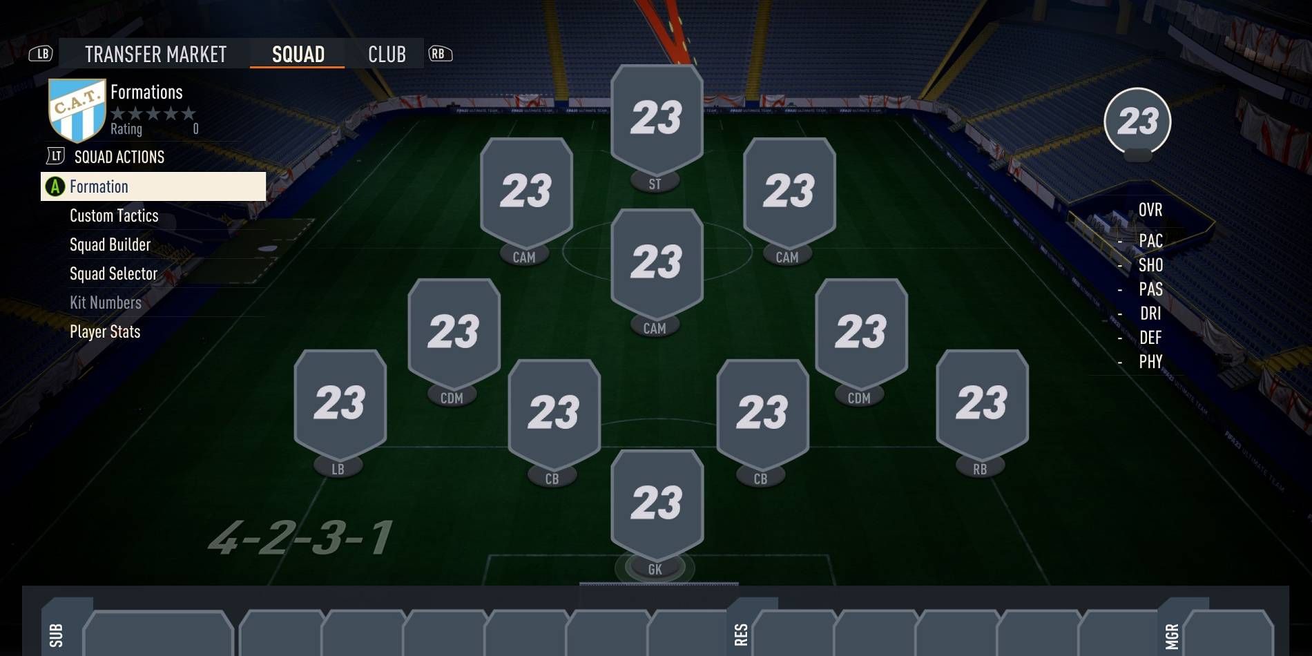 Seleção de formação de FIFA 23 Pro Clubs com 11 vagas para organizar em todo o elenco de jogadores, atualmente em 4-2-3-1