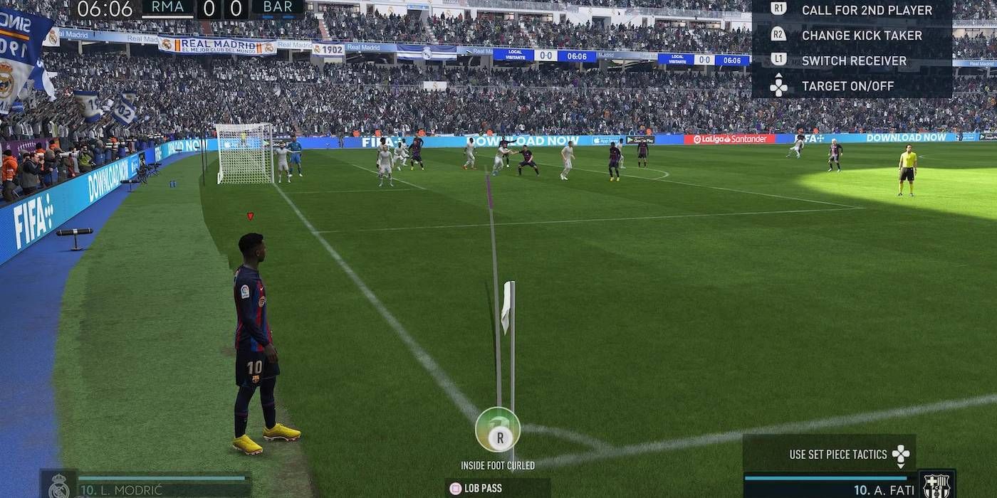 FIFA 23 Corner Free Kick Angled Shot By Blue Uniform Player with Yellow Shoes, Displaying Multiple Options for Kick Gameplay Perspective Screenshot