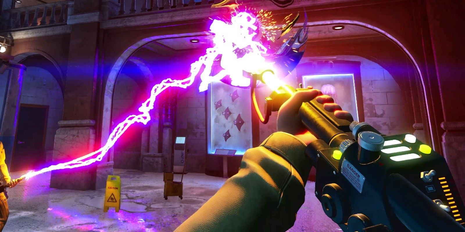 Ghostbusters: Spirits Unleashed Particle Thrower sendo usado em um fantasma