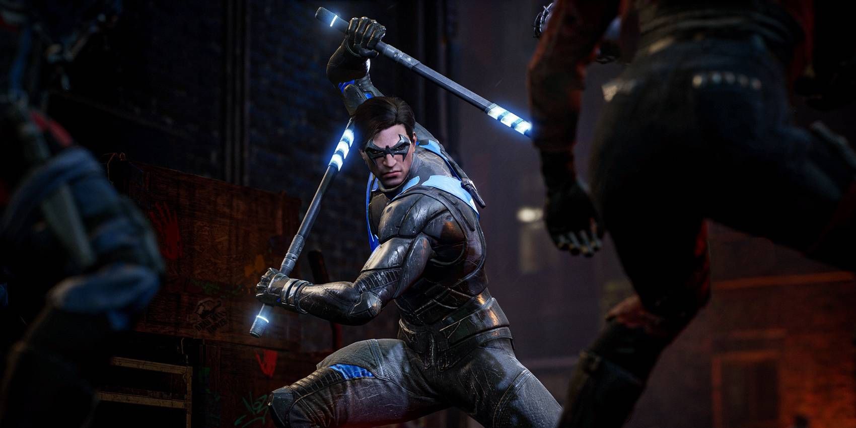 Gotham Knights Nightwing Wielding his Escrima Sticks and Wearing his Default Suit Against Two Enemies at Once