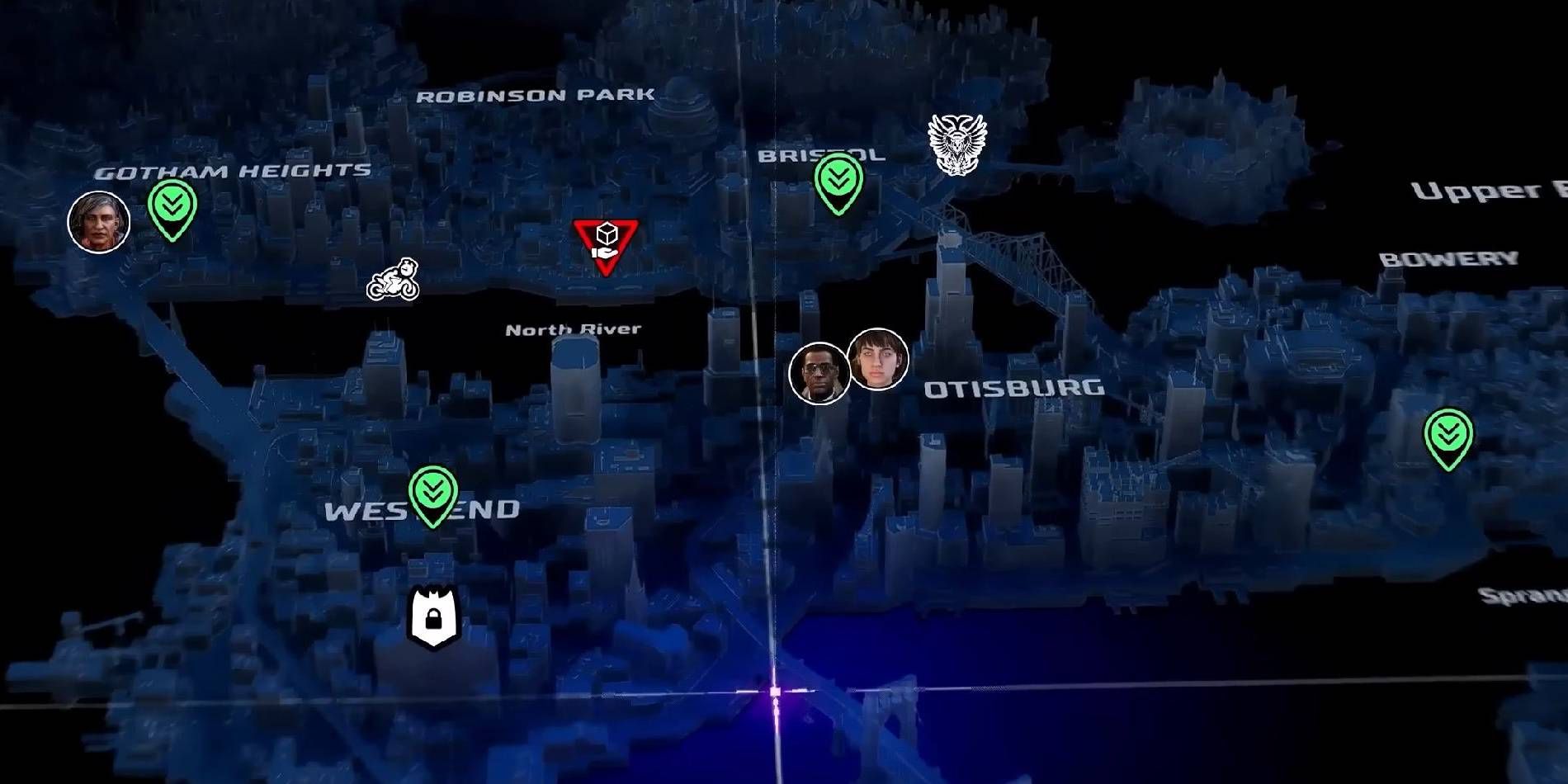 Gotham Knights Map Navigation Screenshot with Several Objective Markers and Important Character Locations Indicated near Otisburg and Gotham Heights Districts