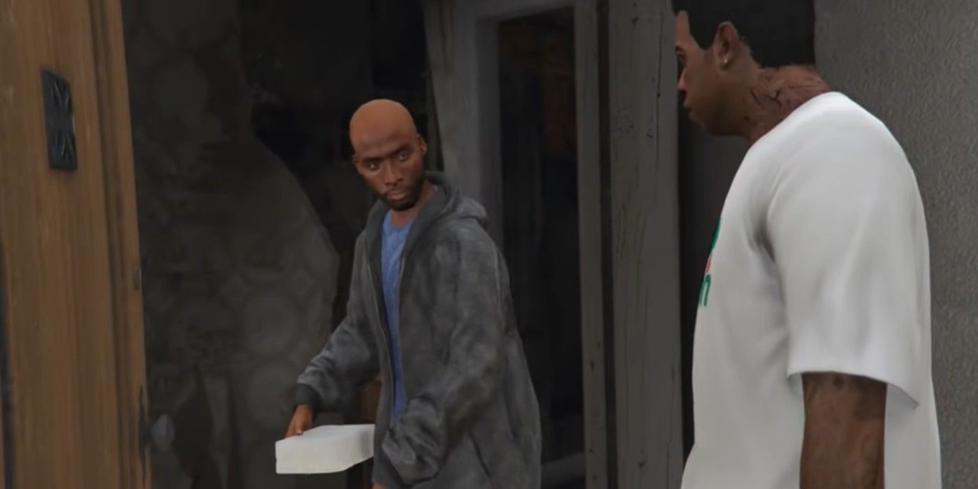 A drug dealer trying to cheat Lamar on Grove Street in Grand Theft Auto 5's Hood Safari mission