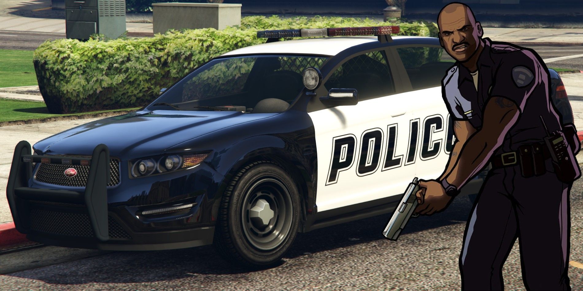 A GTA police car sits on a street, and a cartoon-style GTA cop is superimposed over the top.
