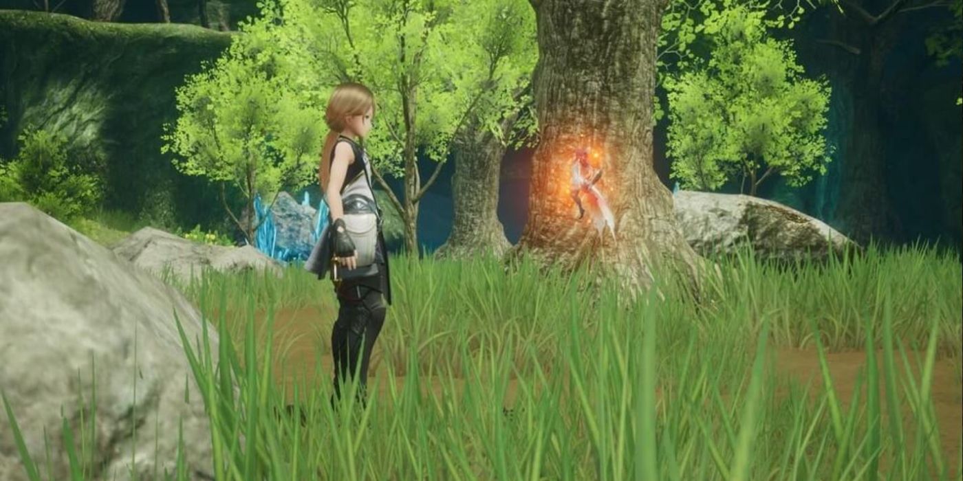 An image advertising the game Harvestella with a girl character in the woods speaking to some kind of fairy