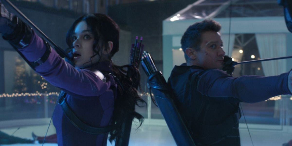 An image of Kate Bishop and Clint Barton aiming in Hawkeye